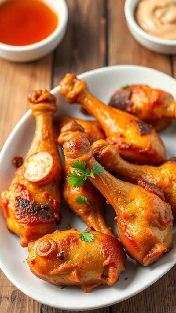Crispy golden chicken drumsticks on a white plate, garnished with parsley, with dipping sauce on a rustic table.